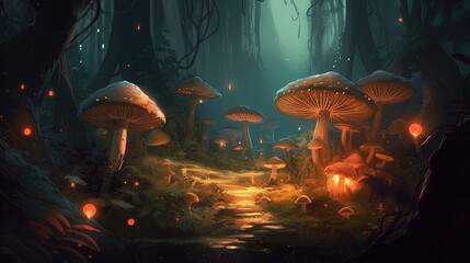 A magical forest with glowing mushrooms. Fantasy concept , Illustration painting. Generative AI