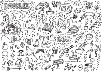 Hand drawn different doodles, vector illustration on white paper
