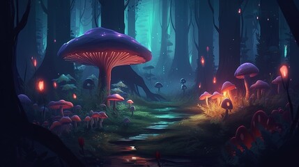 A magical forest with glowing mushrooms. Fantasy concept , Illustration painting. Generative AI