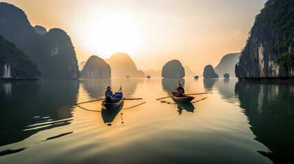 boats and cliffs in ha long bay in vietnam. exotic tourism travel in asia. generative ai