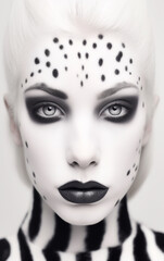 Close-up portrait of a woman in Dalmatian dog makeup style - ai generative