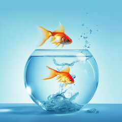 Two goldfish swimming in fish bowl in front of blue background. Created with Generative AI