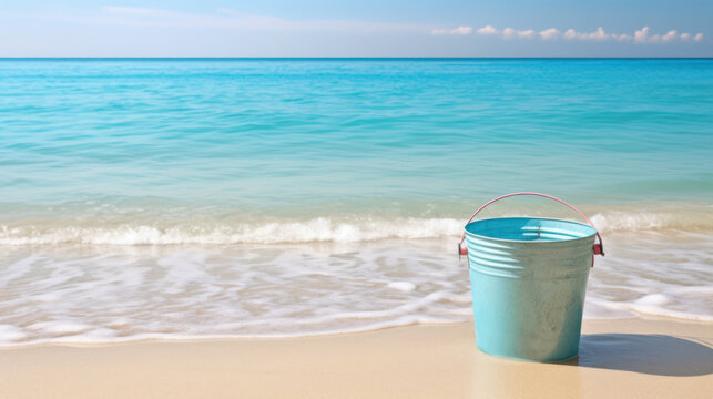 bucket of water on infinite beach sea. generative ai