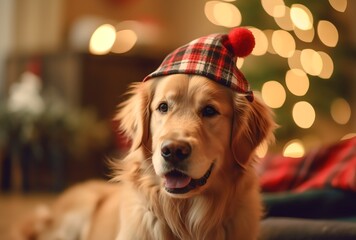 Christmas dog dressed in a Santa hat sits near a decorated Christmas tree on a holiday evening, generative ai