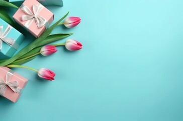 Pink Geschenkboxen mit Tulpenmotiven und Bändern auf blauem Hintergrund: Minimalistischer Stil, grün und aquamarin, romantische und fesselnde Motive