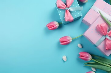 Pink Geschenkboxen mit Tulpenmotiven und Bändern auf blauem Hintergrund: Minimalistischer Stil, grün und aquamarin, romantische und fesselnde Motive