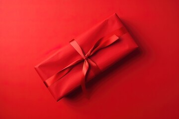 Rote Geschenkbox auf rotem Hintergrund: Intensive Farbkontraste, matte Hintergrundgestaltung, lebendige Farbauswahl, authentisch eingefangene Momente, organische Textur, fesselnde und emotionale Bilde