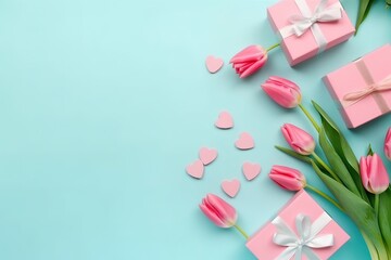 Obraz na płótnie Canvas Pink Geschenkboxen mit Tulpenmotiven und Bändern auf blauem Hintergrund: Minimalistischer Stil, grün und aquamarin, romantische und fesselnde Motive