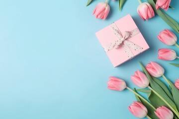 Pink Geschenkboxen mit Tulpenmotiven und Bändern auf blauem Hintergrund: Minimalistischer Stil, grün und aquamarin, romantische und fesselnde Motive
