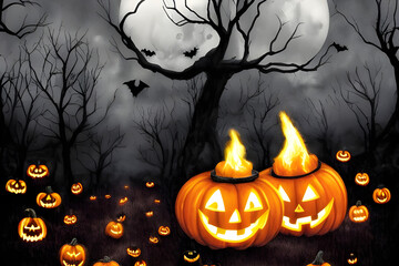 Halloween - Pumpkins In Spooky Forest  At Night And Bats, generative AI