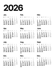 Annual calendar template for 2026 year. Week Starts on Monday. Business calendar in a minimalist style for 2026 year.