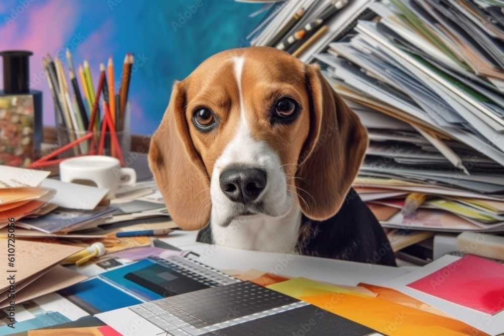 Poster a beagle dog sitting in front of a pile of papers. generative ai image.