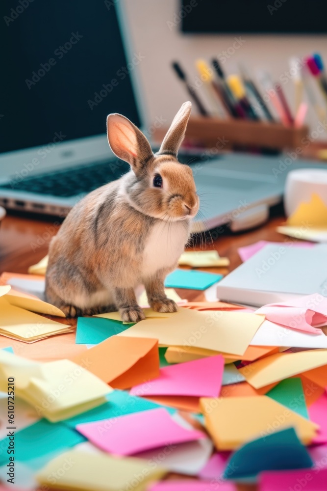 Poster a rabbit sitting on top of a pile of post it notes. generative ai image.
