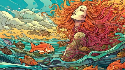 A mermaid swimming in the ocean with fish. Fantasy concept , Illustration painting. Generative AI