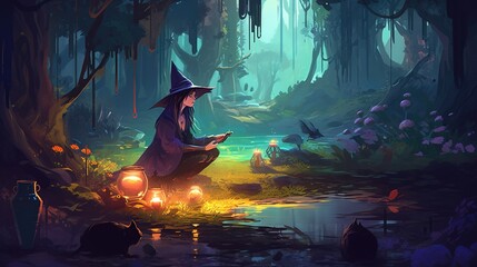 A mysterious witch and her familiar black cat brewing potions in a hidden forest grove. Fantasy concept , Illustration painting. Generative AI