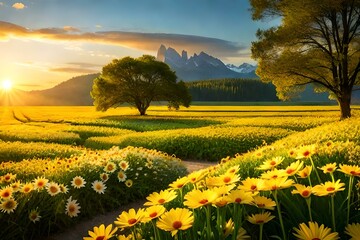 Obraz premium A garden with blooming yellow daisies creates a cheerful and sunny ambiance