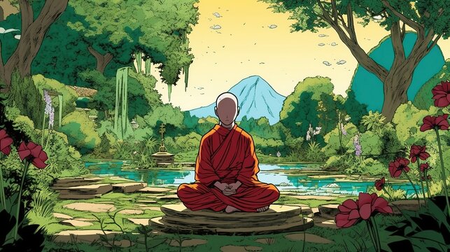A monk meditating in a peaceful garden. Fantasy concept , Illustration painting. Generative AI