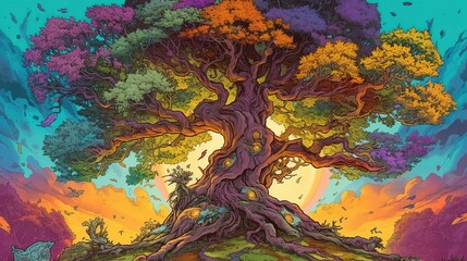 A mythical tree with magical powers. Fantasy concept , Illustration painting. Generative AI