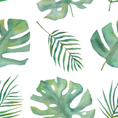 seamless pattern with monstera leaves. Watercolor pattern with leaves. Green seamless background. Watercolor twigs. watercolor floral illustration on a white background.Seamless background with summer