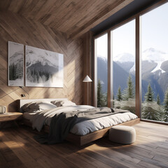 A large modern bedroom in the middle of the mountains. Created using Generative AI technology.