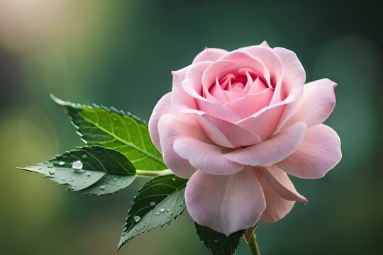 a picture of a delicate rose with soft pink petals and dew drops on its leaves