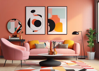 Pink sofa and chair near wall with two art poster mock up frames. Postmodern memphis style interior design of modern living room. Created with generative AI