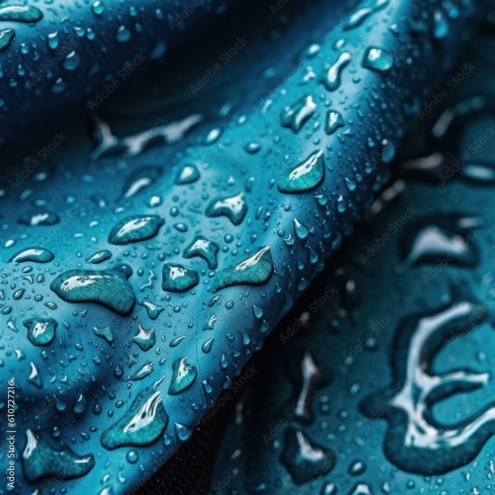 Canvas Prints A close up of water droplets on a blue fabric. Generative AI image.