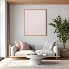 White sofa and wall with empty mock up poster frame. Scandinavian style interior design of modern living room. Created with generative AI