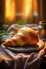Obraz na płótnie Canvas drink bakery food breakfast morning background bokeh table france croissant cup background. Generative AI.