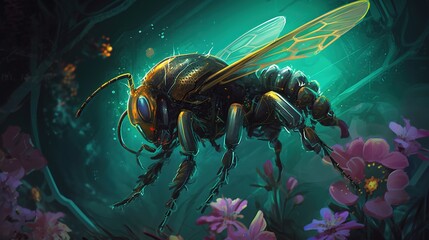 A robotic bee pollinating a genetically-modified flower. Fantasy concept , Illustration painting. Generative AI