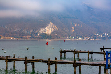 Scenic view by the coast of the Lake Annecy in Annecy, France