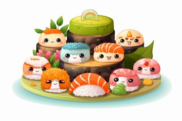 Cute sushi image kawaii colour white background, generative AI