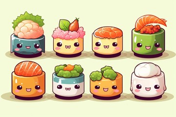 Cute sushi image kawaii colour white background, generative AI