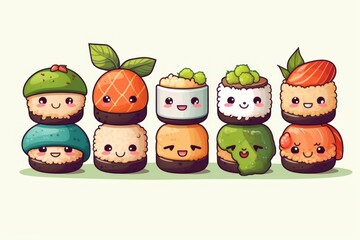 Cute sushi image kawaii colour white background, generative AI