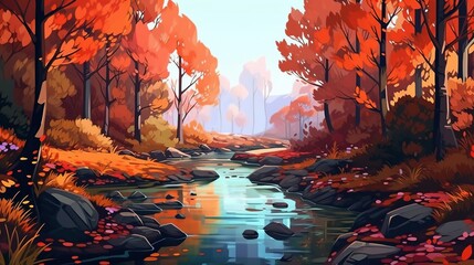 A scenic autumn forest with colorful leaves and a peaceful stream. Fantasy concept , Illustration painting. Generative AI