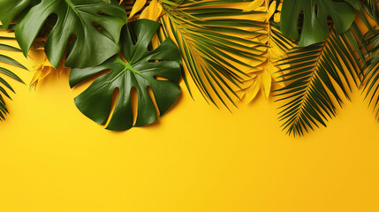 Fototapeta na wymiar Tropical Paradise: Captivating the Exotic Splendor of a Yellow Background Surrounded by Lush Tropical Leaves. Including white space for text. Ai Generative.
