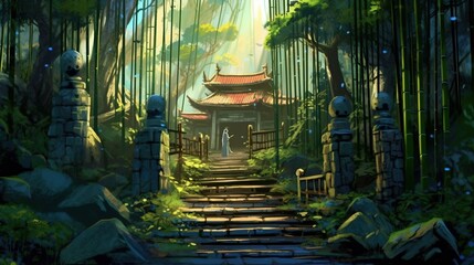 Fototapeta na wymiar A scenic bamboo forest with a hidden temple and a monk's training ground. Fantasy concept , Illustration painting. Generative AI