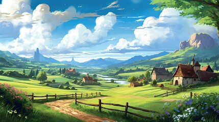 A scenic countryside with rolling hills and a quaint village in the distance. Fantasy concept , Illustration painting. Generative AI