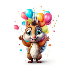 Fototapeta premium Funny cartoon party squirrel with air balloons isolated over white background. Colorful joyful greeting card for birthday or other festive events. Created with generative Ai