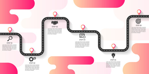 business road map infographics template with step icon. journey route and winding road timeline. vector illustration in flat style modern design.can be used for process, presentations, layout, banner.