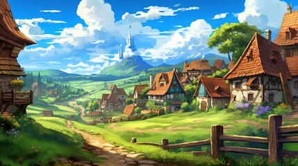 A scenic countryside with rolling hills and a quaint village in the distance. Fantasy concept , Illustration painting. Generative AI