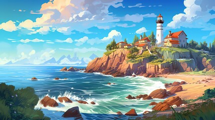 A scenic seaside town with a lighthouse and a rocky coastline. Fantasy concept , Illustration painting. Generative AI