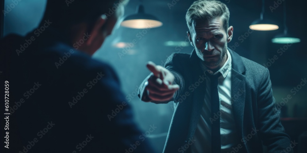 Poster a man in a suit pointing at another man. generative ai image.
