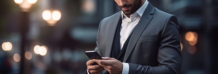 Businessman in suit with mobile phone in hands. Man typing message, using social net. Checking news. Making business meeting. Modern office.General manager,ceo.Calling to partner.Planning working day - obrazy, fototapety, plakaty