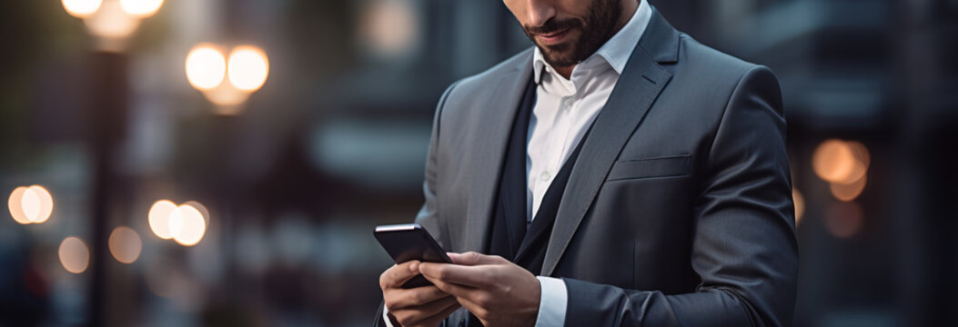 Businessman in suit with mobile phone in hands. Man typing message, using social net. Checking news. Making business meeting. Modern office.General manager,ceo.Calling to partner.Planning working day
