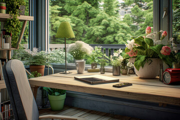 Fototapeta premium A desk plant or flowers, adding a touch of nature and freshness to the workspace.