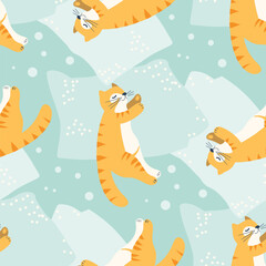 Seamless pattern with cute sleeping kitten. Vector illustration in the flat style.