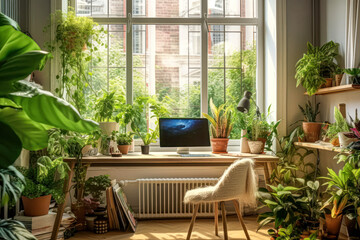Fototapeta na wymiar A desk plant or flowers, adding a touch of nature and freshness to the workspace.