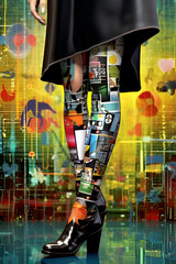 Woman in black skirt wears a pair of pop art inspired thigh high boots, Generative AI