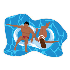 Couple relaxing on inflatable rings in swimming pool, top view